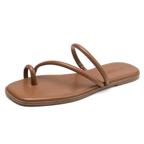 Rihero Slide Sandals Women Square Toe Beach Flat Sandals Summer Slip On Comfortable Strappy Thong Sandals Brown Size 8 - Image 1