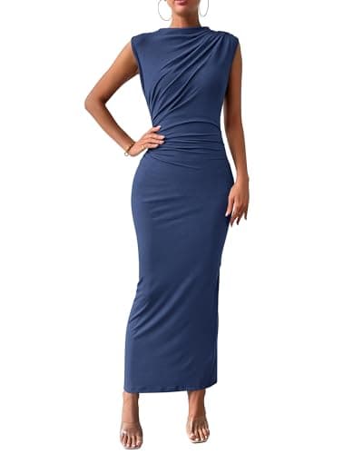 BTFBM Women's Ruched Bodycon Dress Summer Casual Sleeveless Lightweight Back Slit Elegant Club Party Cocktail Maxi Dresses(Dark Grey Blue, Small) - Image 1