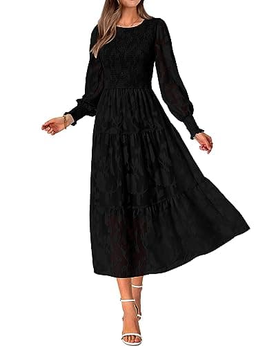 BTFBM Wedding Guest Dresses for Women Fall Fashion 2025 Casual Long Sleeve Floral Maxi Boho Homecoming Dress(Black,Large) - Image 1