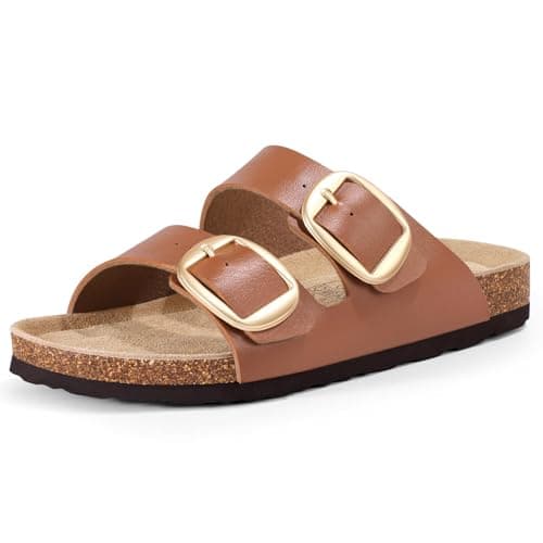 KIDMI Women's Cork Footbed Slide Sandals Comfortable Arch Support Outdoor Sandal with Big Adjustable Buckle for Summer Brown Size 6.5-7 (37) - Image 1