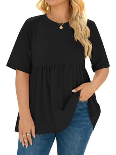 Beautife Womens Plus Size Summer Babydoll Tops Short Sleeve Crew Neck T Shirts Peplum Casual Loose Fit Blouse Black - Image 1