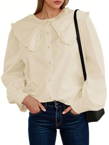 Tankaneo Womens Babydoll Button Down Shirts Peplum Puff Sleeve Blouse Fall Casual Doll Collar Tops Beige - Image 1
