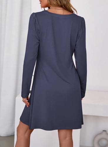 Dokotoo Womens Dresses Casual V Neck Long Sleeve Mini Dresses for Women Spring Fashion 2026 Elegant Puff Sleeve Solid Color Flowy Swing Comfy Dress Dark Blue XX-Large - Thumbnail 2