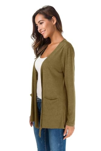 TownCat Womens Lightweight Cardigans Long Sleeve Open Front Casual Cardigan with Pockets (Khaki, XL) - Thumbnail 4