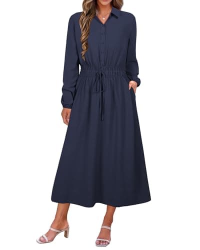 ECOWISH Womens Midi Dress Summer Casual A Line Maxi Shirt Dresses Spring Short Sleeve Button Front V Neck Pockets Work Dress 63Navy Blue Medium - Image 1