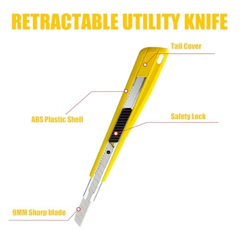 LONLEEYU Utility Knife 9MM Wide Snap-Off Blades,6 Pack Box Cutter Retractable,Smooth Mechanism, Exacto Knife for Cutting Box, Wrapping, Box Opener Perfect for Office, Home, School (Yellow Black) - Thumbnail 3