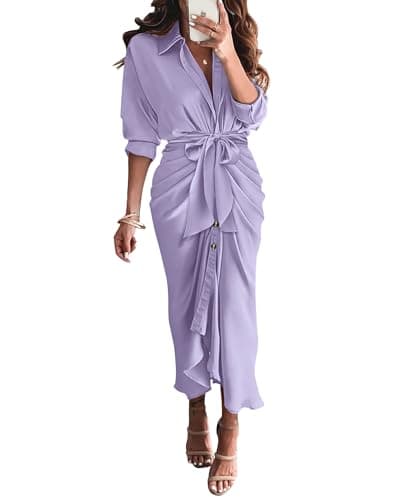 BTFBM Summer Dresses for Women 2026 Long Sleeve V Neck Button Down Elegant Belted Ruched Satin Silk Shirt Spring Dress(Purple, Medium) - Image 1