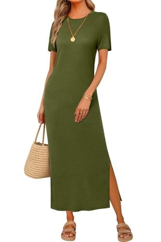 Arach&Cloz Womens Spring Wool Blend T Shirt Maxi Dress 2026 Spring Casual Short Sleeve Crew Neck Slit Fashion Sweater Knit Long Dresses Trendy Travel Vacation Outfits Olive Green L - Image 1