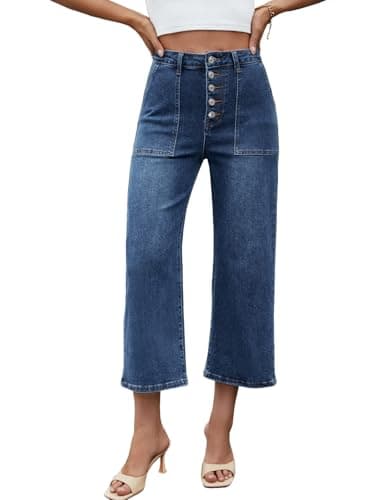 Genleck Women's Wide Leg Jeans – Trendy Cropped Loose Jeans High Waisted Stretchy Capri Denim Pants Baggy Trousers 2025 Blue - Image 1