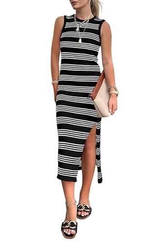 PRETTYGARDEN Women's Summer Bodycon Sundresses Casual Midi Sleeveless Hollow Out Knit Side Slit Striped Long Tank Dress (Black,XX-Large) - Image 1