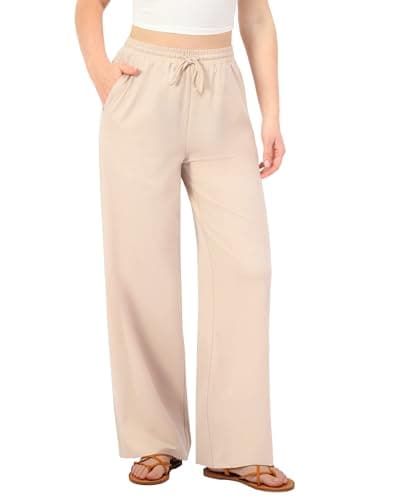JEKAOYI Palazzo Pants for Women Casual Wide Leg Elastic High Waist Lounge Pants Travel Beach Outfits Light Khaki - Image 1