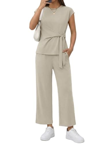 Casly Lamiit 2 Piece Outfits for Women Spring 2026 Dressy Casual Lounge Set Crew Neck Belted Tops Cruise Outfits Beach Vacation Clothes Dark Beige XS - Image 1