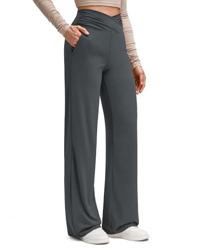 G4Free Wide Leg Yoga Pants for Women Cross Waisted Loose Fit Stretchy Work Comfy Casual Trousers with Pockets(Dark Gray,XS,29") - Image 1
