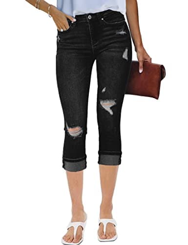 luvamia Women's Casual High Waist Ripped Capri Jeans Black Crop Jeans for Women Jeans Women Trendy Distressed Jeans Women Size 3X-Large Fits Size 24 / Size 26 - Image 1