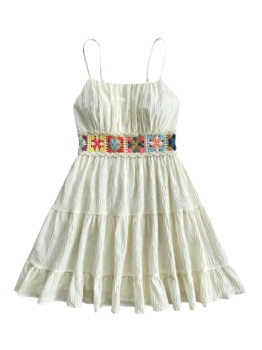 MakeMeChic Women's Floral Boho Mini Dress Spaghetti Strap Shirred Flowy A Line Cami Dresses Apricot X-Large - Image 1