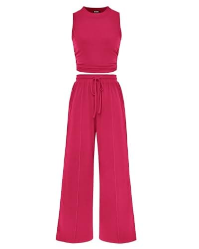 BTFBM Summer Outfits For Women 2026 Cropped Sleeveless Tank Tops Wide Leg Pants 2 Piece Sets Beach Lounge Set Clothing(Rose Red, Large) - Image 1