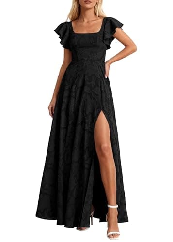 KIRUNDO Cocktail Dresses for Women Elegant Wedding Guest Summer Formal Maxi Lace Floral Slit Prom Party Bridesmaid Dress (Black, Small) - Image 1