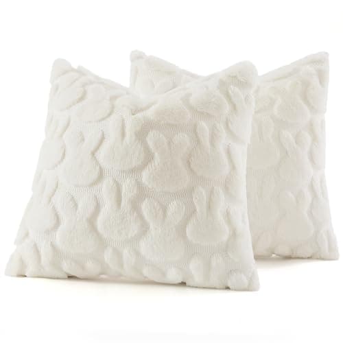 decorUhome Cream White Faux Fur Bunny Throw Pillow Covers 18x18 Set of 2 - Thumbnail 6