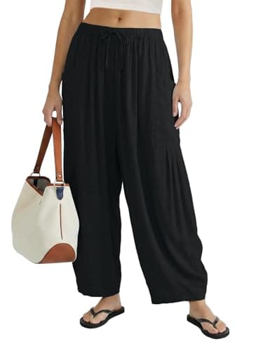 COCOMARTS Womens Linen Wide Leg Palazzo Pants Casual Loose Elastic Drawstring Flowy Pant 2025 Fall Travel Baggy Harem Pants with Pocket Black X-Small - Image 1