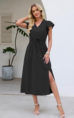 Womens Summer Midi Dresses Casual V Neck Cap Sleeve Empire Waist Elegant 2026 Flowy Solid Long Dress with Pockets B L Black - Thumbnail 6