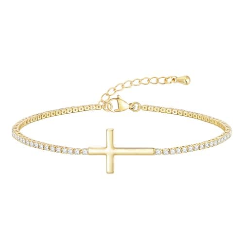 Gold Cross Bracelet for Women - 14k Gold Plated Cubic Zirconia Tennis Bracelet, Adjustable Danity Cross Charm Chain Trendy Jewelry Party Wedding Birthday Easter Religious Christian Gifts for Her - Image 1