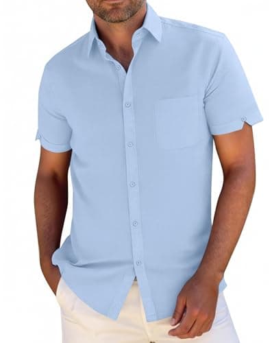 JEKAOYI Button Down Linen Shirts for Men Short Sleeves Cotton Casual Shirt with Pockets for Summer Beach Sky Blue - Image 1