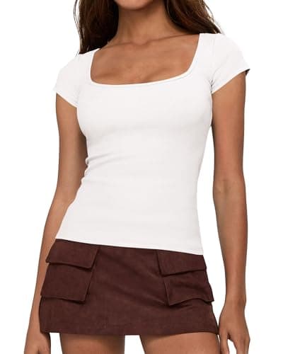 BTFBM Women Short Sleeve Tops Square Neck Ribbed Knit Basic Tee Shirt Y2K Casual Summer Clothes 2026 Spring Outfits(White, X-Small) - Image 1