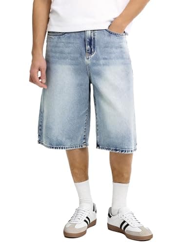 Comdecevis Baggy Jorts Men Loose Fit Jean Shorts Vintage Streetwear Demin Shorts L Light Indigo - Image 1