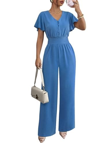 LOOKBOHO Womens Jumpsuits Dressy Casual Ruffle Short Sleeve Button V Neck 2026 Summer Wide Leg Romper One Piece Outfits - Image 1