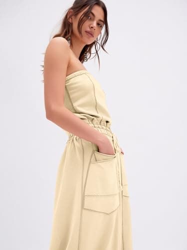 Sexyasasii Jumpsuits for women Strapless Romper Summer Casual Off the Shoulder Long Barrel Pants One Piece Outfits with Pockets - Thumbnail 3