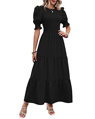 BTFBM Women Casual Summer Dresses 2025 Spring Crew Neck Ruffle Short Sleeve Floral Print Smocked Boho Flowy Maxi Dress(Solid Black, Small) - Image 1