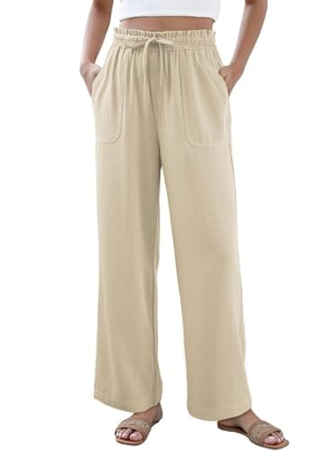 Dokotoo Cargo Pants Stretch Drawstring Tie Elastic High Waist Wide Leg Pants for Women Casual Dressy Solid Cozy Spring Lightweight Loose Womens Palazzo Trousers with Pockets Fashion Clothing Beige XL - Image 1