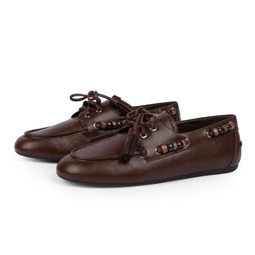 QIY Brown Flats Penny Loafers for Women Fringe Beaded Moccasins Dressy Lace up Driving Loafers Comfortable Lightweight Office Casual Wear Flats Size 9.5 - Image 1