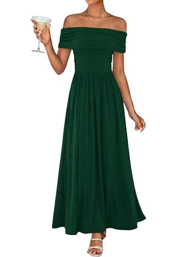 KIRUNDO Cocktail Dresses for Women 2026 Summer Off The Shoulder Ruched Pleated Long Flowy Formal Party Maxi Dresses Pockets(Dark Green, Medium) - Image 1