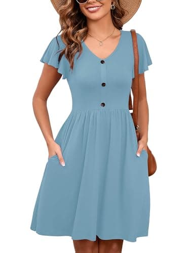 Heymoments Women Summer Dress Rackley Blue X-Large Ruffle Sleeve V Neck Casual Cute Loose Sundress Comfy Swing Button Down Midi Work Flowy Tunic Ladies Beach Vacation Teacher Dresses with Pockets - Image 1