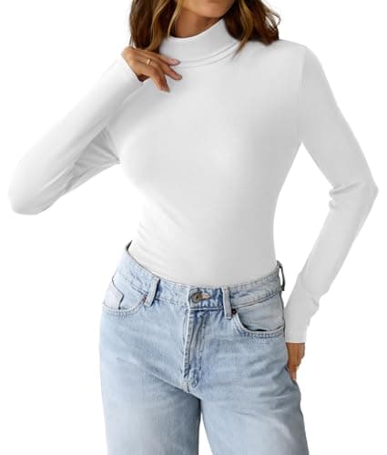GKBK Womens Long Sleeve Shirts Mock Turtleneck Turtle Neck Fall Fashion Basic Thermal Underwear Layer Tops Tight Slim Fit Cute Ribbed T-Shirts Winter Pullover Clothes 2025 White L - Thumbnail 6