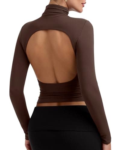 PINKMSTYLE Turtleneck Long Sleeve Open Back Tops Womens Ruched Double Lined Top Y2K Festival Outfits Brown X-Large - Image 1