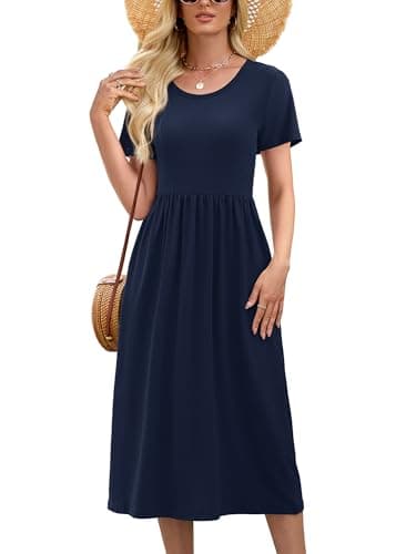 Heymoments Ladies Dresses Navy Blue Large Wedding Guest Crewneck Short Sleeve A line Casual Flowy Swing Cocktail Slimming Birthday Party Summer Travel Long Midi Dresses with Pocket - Image 1
