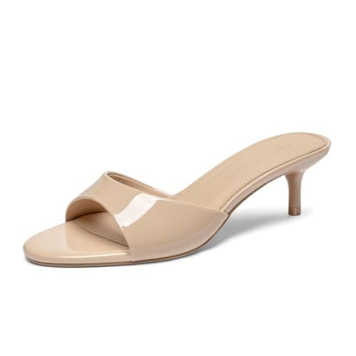 Athlefit Kitten Heels for Women Open Toe Comfortable Dressy Short Low Heels Slip On Party Prom Vacation Heeled Sandals Nude Patent Size 10 - Image 1