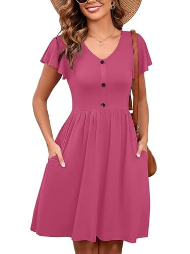 Heymoments Women Summer Dress Mauve Medium Ruffle Sleeve V Neck Casual Cute Loose Sundress Comfy Swing Button Down Midi Work Flowy Tunic Ladies Beach Vacation Teacher Dresses with Pockets - Image 1