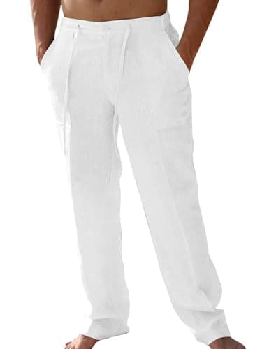 AKEFUN Mens Summer Casual Linen Pants Beach Elastic Drawstring Waistband Loose Fit Slacks with Pockets White - Image 1