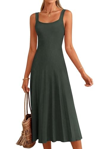 PRETTYGARDEN Spring Dresses for Women 2026 Summer Casual Sleeveless Square Neck A Line Knit Pleated Midi Cocktail Party Dress (Army Green,Medium) - Image 1