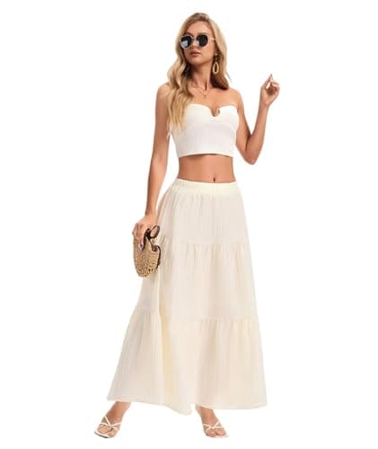 MFAVIP Womens Maxi Skirt Boho Long Flowy Skirts Trendy Summer 2026 Tiered Ruffle Skirt A Line Casual Beach Vacation Dress Beige - Thumbnail 5