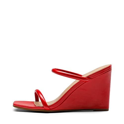 DREAM PAIRS Women's Slides Wedge Sandals Two Strap Square Open Toe Dress Shoes,Size 8.5,Red,SDPW2224W - Thumbnail 4