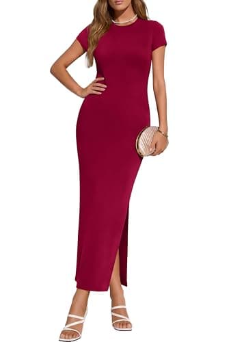 PRETTYGARDEN Womens Summer Dresses 2026 Casual Short Sleeve Crewneck Slit T Shirt Dress Spring Beach Vacation Sundress(Burgundy,Large) - Image 1