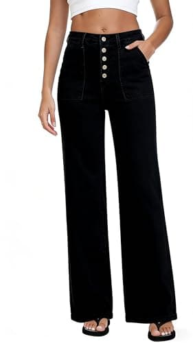 MARIASHA Women's Straight Leg Jeans High Waisted Button Fly Stretch Denim Pants for Women Black L - Image 1