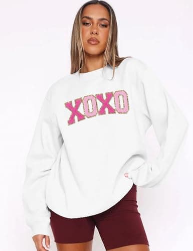 LETSEE Women Valentines Lover Sweatshirt Glitter Patch Lover Letter Pullover Tops Chenille Patch Oversized Clothes(White, Large) - Thumbnail 2