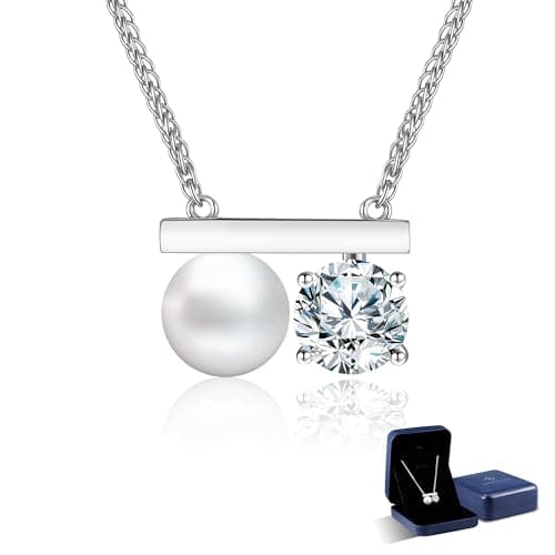 N9NEMUSES Valentines Day Gifts for Her, 8mm AAAA+ Real Edison Pearl Necklace for Women, 925 Sterling Silver Necklace with Moissanite, Anniversary Birthday Jewelry Gift for Mom Wife Her Girlfriend - Image 1