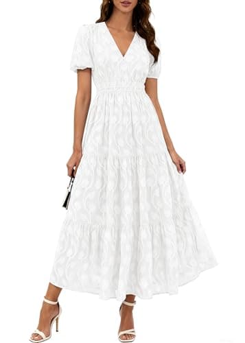 KIRUNDO Womens Boho Maxi Dress Summer Short Sleeve V Neck Floral Flowy A Line Formal Wedding Guest Baby Shower Long Dresses(White, Large) - Image 1