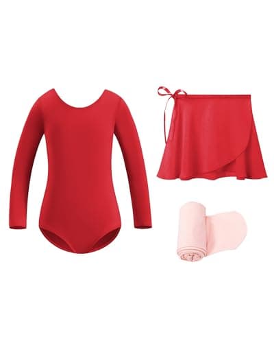 Stelle Long Sleeve Ballet Leotards for Girls Toddler Dance Dress Ballet Outfit Combo with Skirt and Tights(Red-Long Sleeve,110) - Image 1